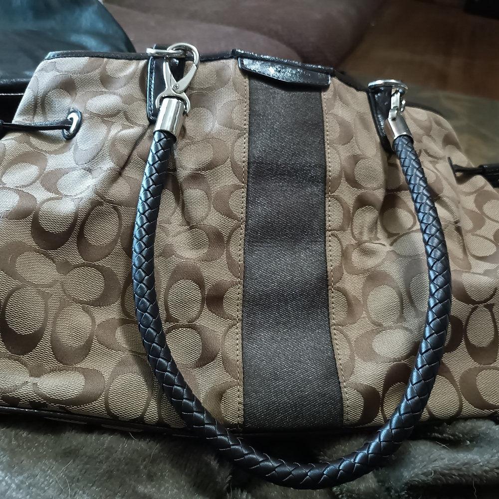 Brown Patterned Handbag with Black Handles